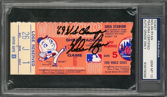 1969 Nolan Ryan Autographed and Inscribed " 69 WS Champs" World Series Game 5 Ticket Stub - PSA/DNA GEM MT 10